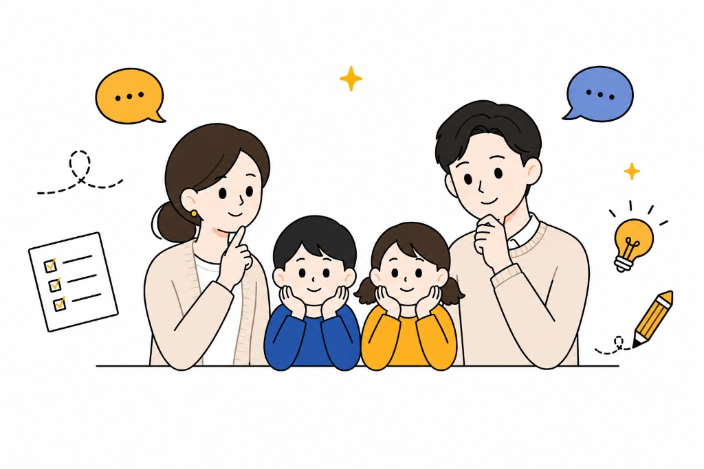 가족 일러스트 — 부모와 두 아이가 함께 생각하는 모습